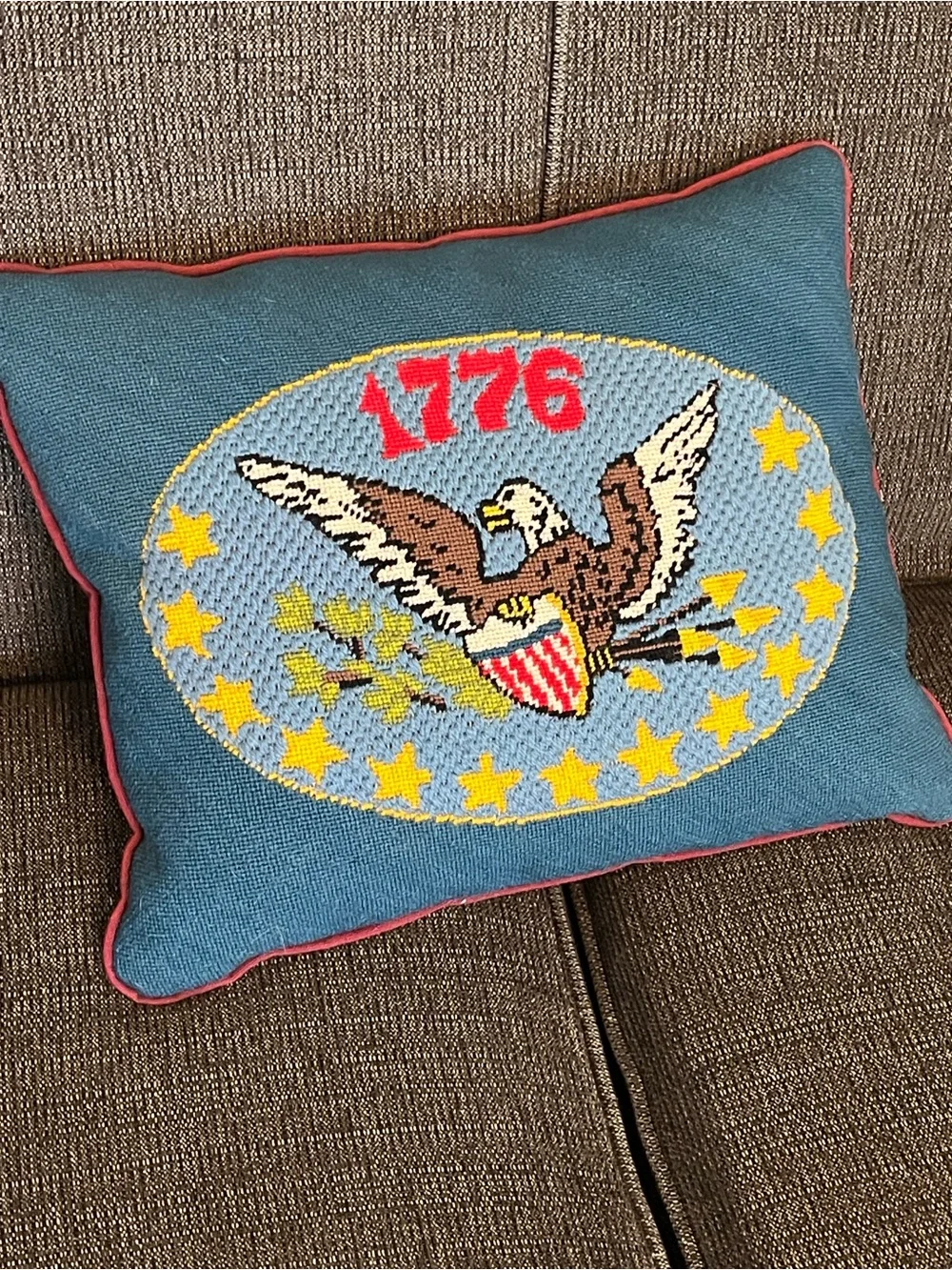 Vintage Patriotic 1776 Eagle Needlepoint Pillow - Blue, Yellow, Red